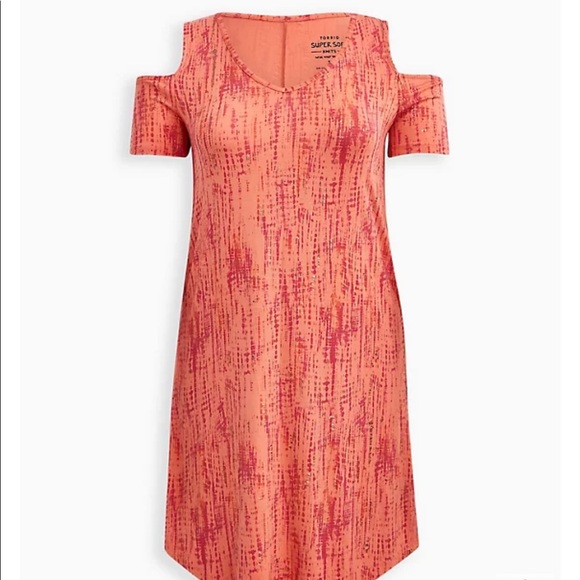 Super Soft Cold Shoulder Orange Tie Dye T-Shirt Dress - Picture 3 of 7